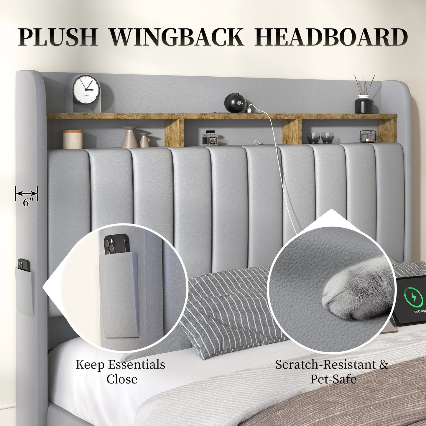 Sibeds Aurora Queen Bed Frame with Pet Rest Area, Storage Headboard, PU Leather Platform, Star Projector