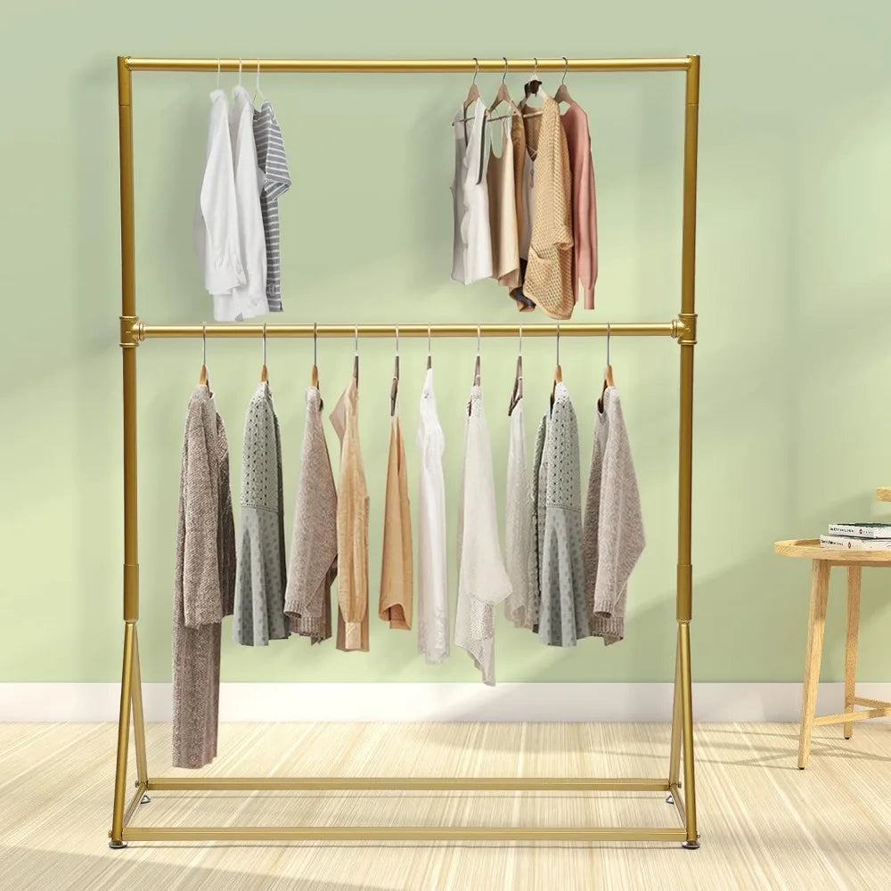 Heavy Duty Clothes Rack Gold Garment Rack Clothes Rack with Double Hanging Rod for Bedroom Hall Clothes Store and Boutique