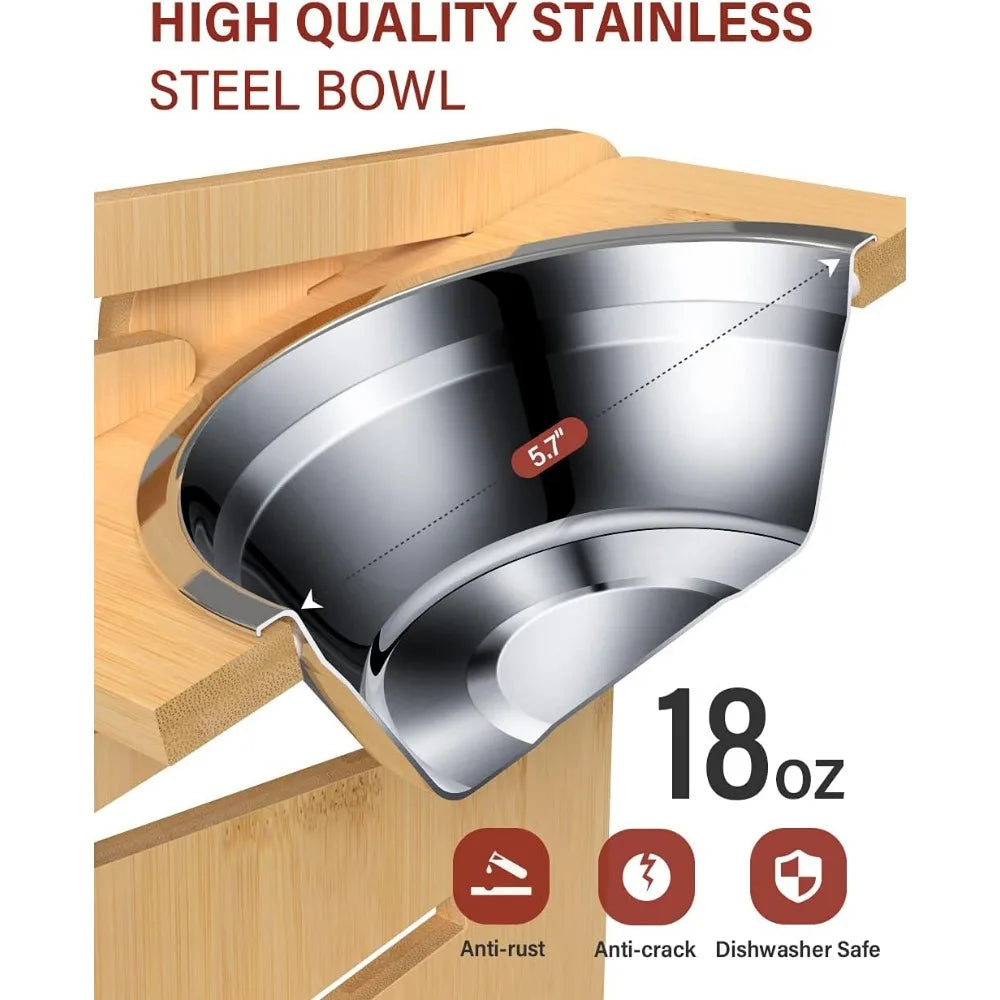 Elevated Dog Bowls, Adjustable Raised Dog Bowl Stand for Small Puppy and Cats, Sturdy Bamboo Pet Food Feeder with 2 Stainless S