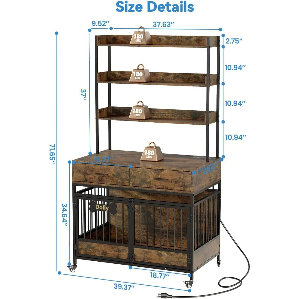 39" Dog Crate Furniture for Large Dogs, Multifunctional Wooden Dog Kennel Indoor with 3-Tiel Storage Shelves, Wheels & Adjustabl