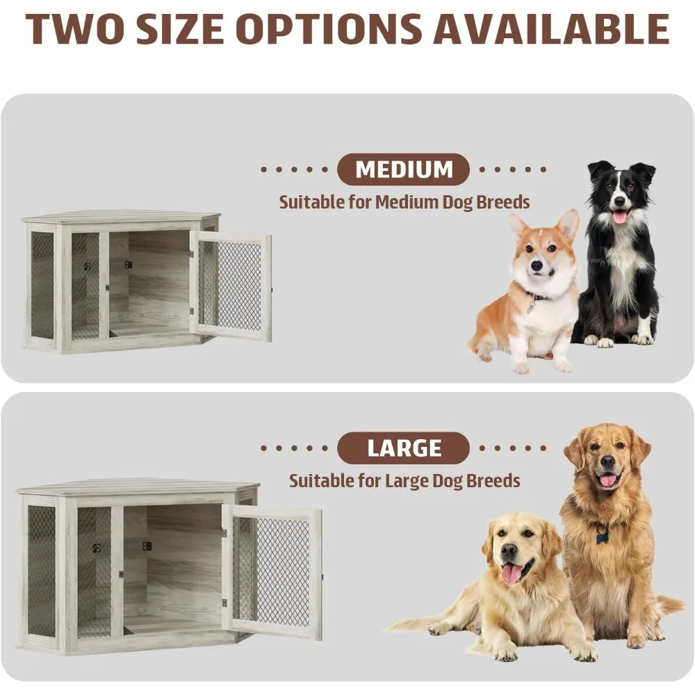 52 inch Corner Dog Crate Furniture, Wooden Dog Kennel Furniture with Mesh, Decorative Wood Dog House for Small/Medium/Large
