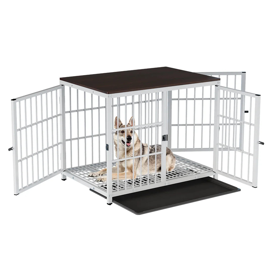 Furniture Style Dog Crate White Pet Kennel Black Cage End Table with Three Doors and Removable Tray, for Small Medium Large Dogs