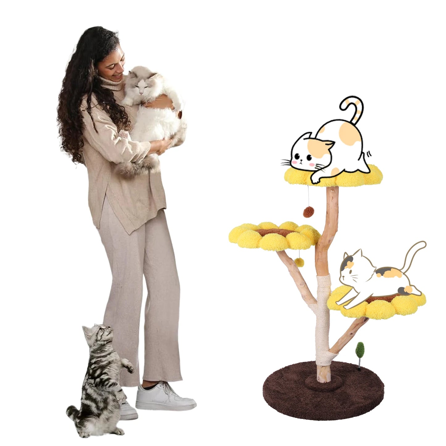 Sunflower Cat Tree with Scratching Post Cat Climbing Frame Anti-Slip Lovely Cat Jumping Platform for Pet Playground Small Nest