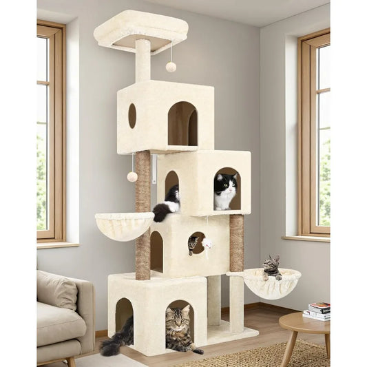Large 70inch Tall Cat Tree Condo Tower with 4 Spacious Cat Condo Houses 3 Sisal Scratching Posts 2 Adjustable Hanging Baskets f