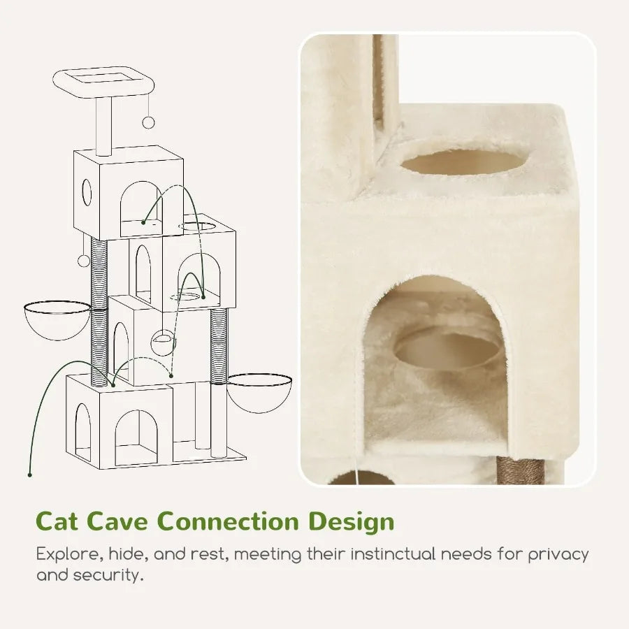 Large 70inch Tall Cat Tree Condo Tower with 4 Spacious Cat Condo Houses 3 Sisal Scratching Posts 2 Adjustable Hanging Baskets f
