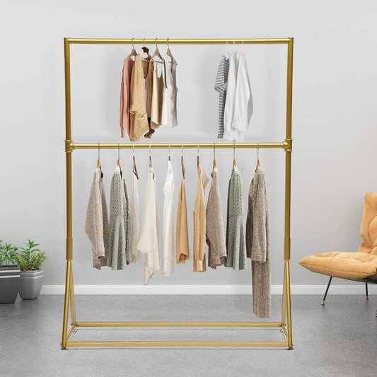 Heavy Duty Clothes Rack Gold Garment Rack Clothes Rack with Double Hanging Rod for Bedroom Hall Clothes Store and Boutique