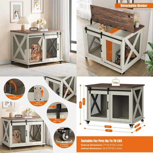 IDEALHOUSE 37" Dog Crate Furniture End Table w/ Flip Top, Divider, Wooden Kennel