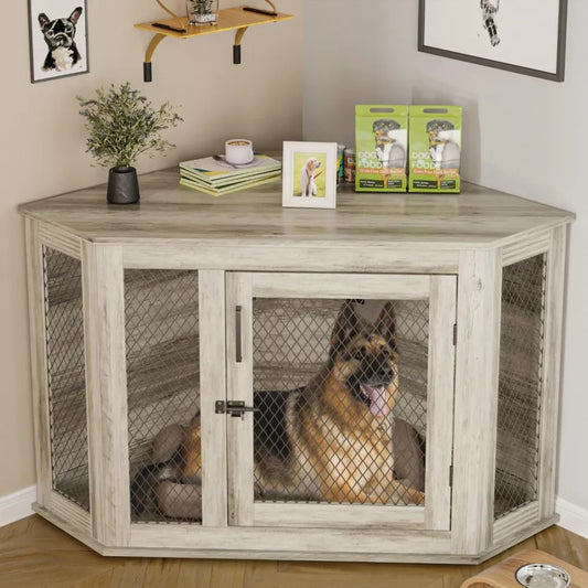 52 inch Corner Dog Crate Furniture, Wooden Dog Kennel Furniture with Mesh, Decorative Wood Dog House for Small/Medium/Large