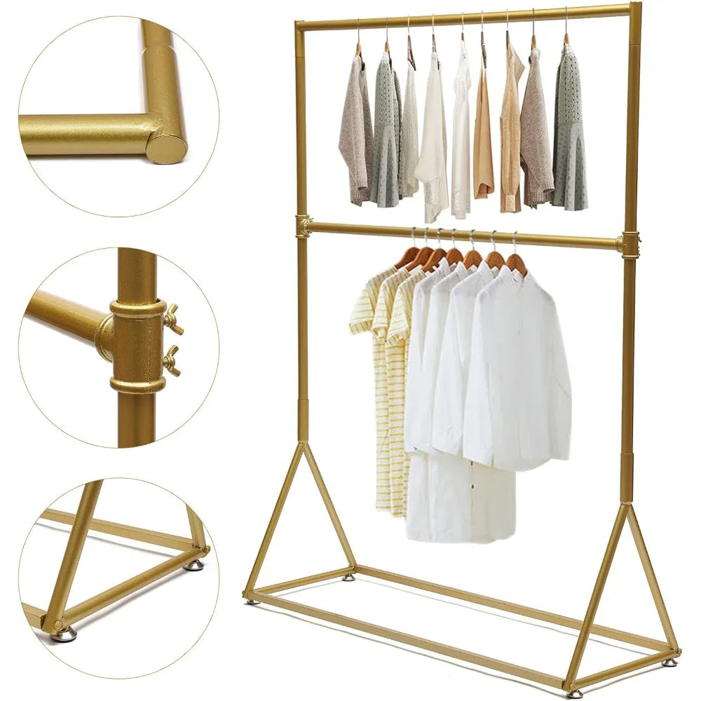 Heavy Duty Clothes Rack Gold Garment Rack Clothes Rack with Double Hanging Rod for Bedroom Hall Clothes Store and Boutique