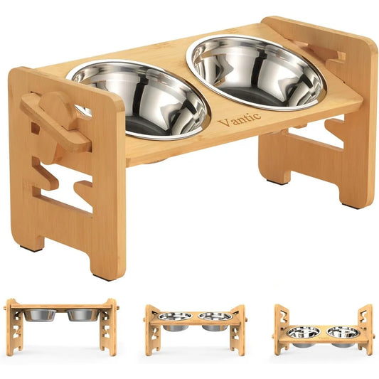 Elevated Dog Bowls, Adjustable Raised Dog Bowl Stand for Small Puppy and Cats, Sturdy Bamboo Pet Food Feeder with 2 Stainless S